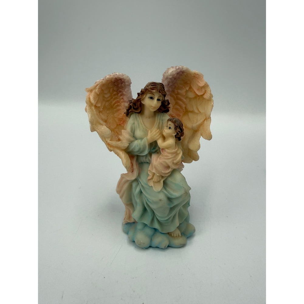 Guardian Angel Figurine Mother and Child Winged Statue‎ Pastel Resin 4.5 Inch